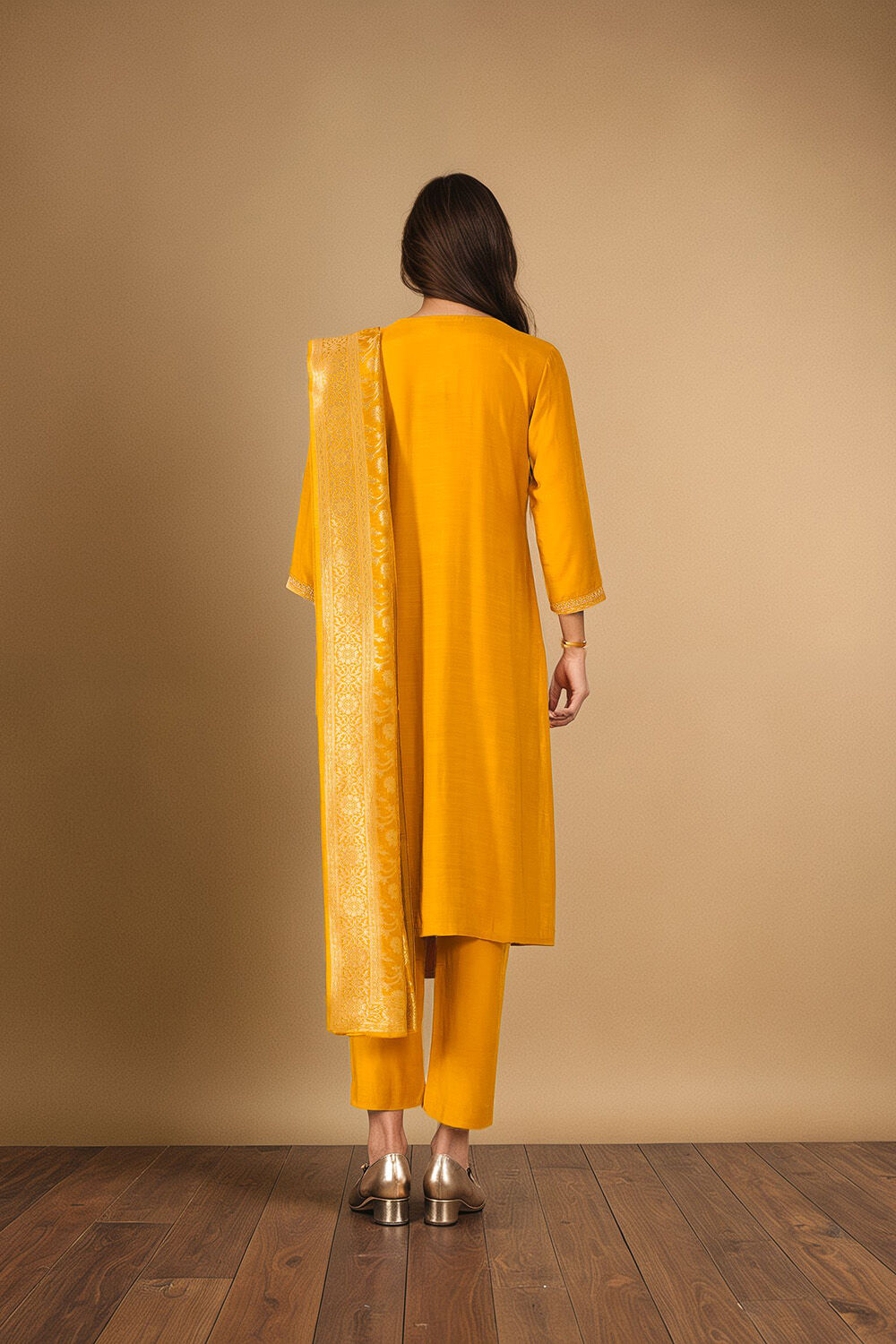 Dark Yellow Viscose Embroidered Kurta Set image number null