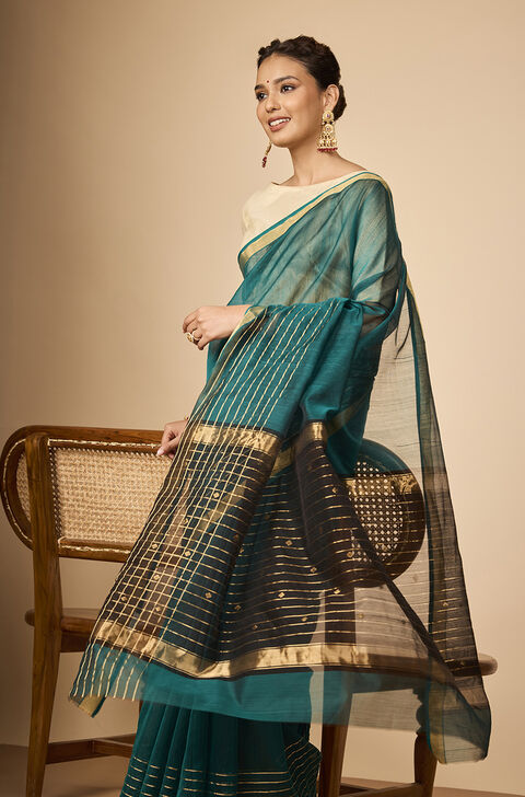 Dark Green Woven Pure Silk Cotton Chanderi Saree