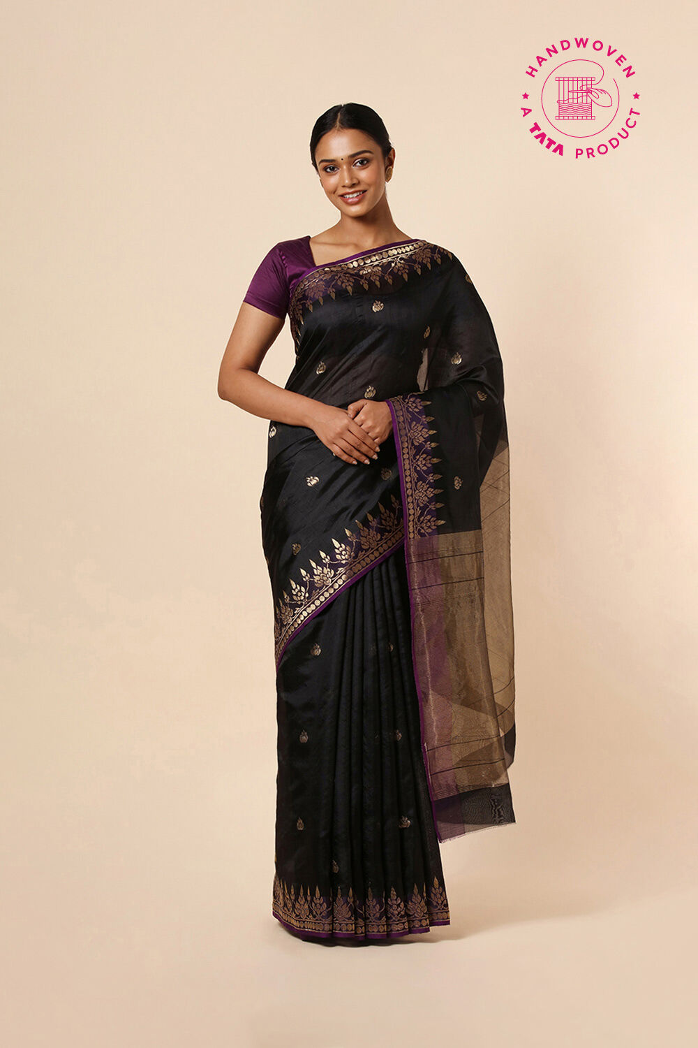 Black Pure Silk Chanderi Saree image number null