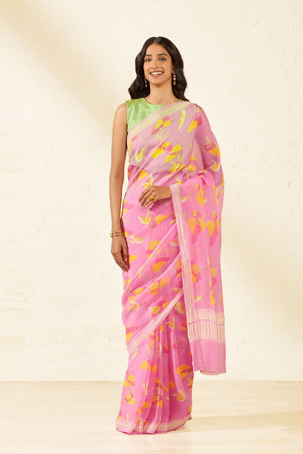 Pink Screen Printed Viscose Organza Saree image number null