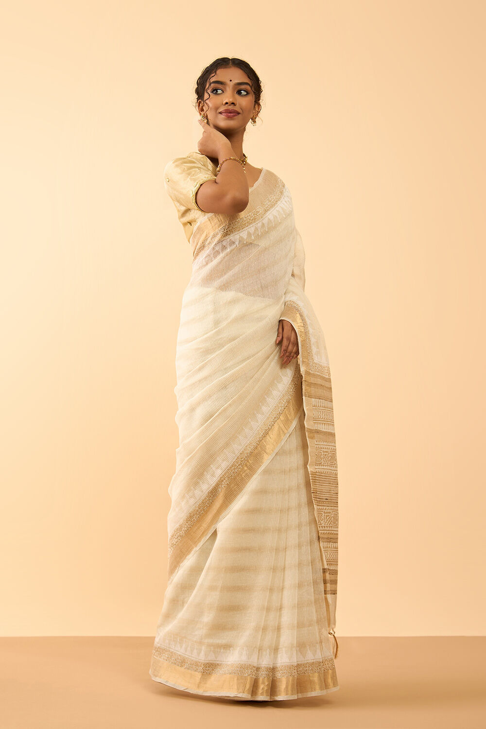 Off White Pure Silk Block Printed Bengal Saree image number null