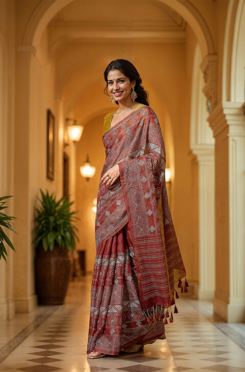 Red Tissue Linen Embroidered Saree