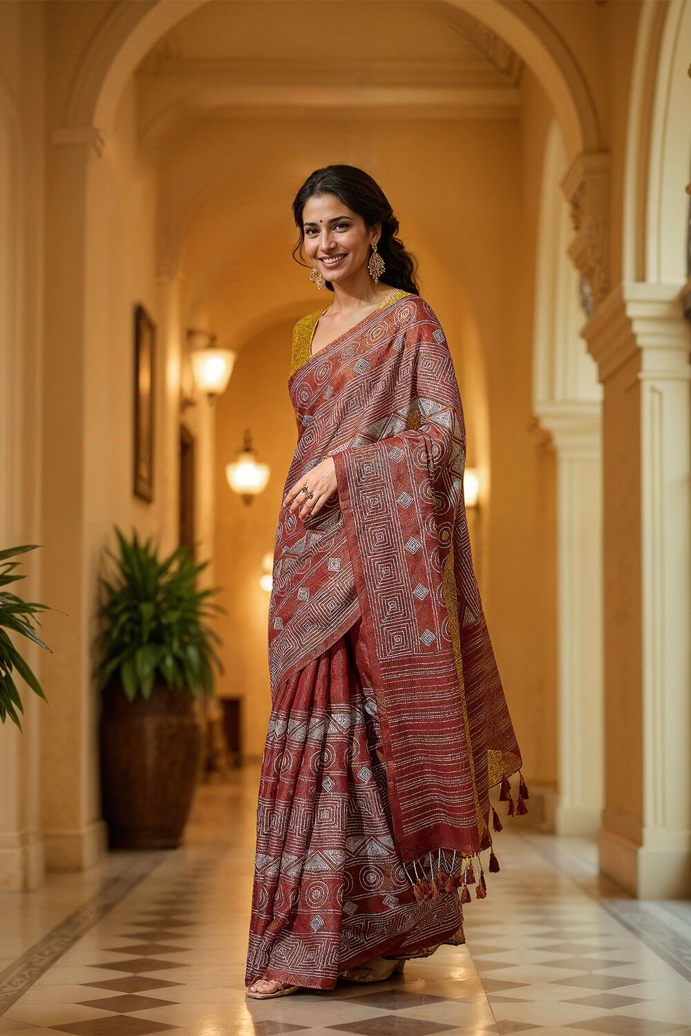Red Tissue Linen Embroidered Saree image number null