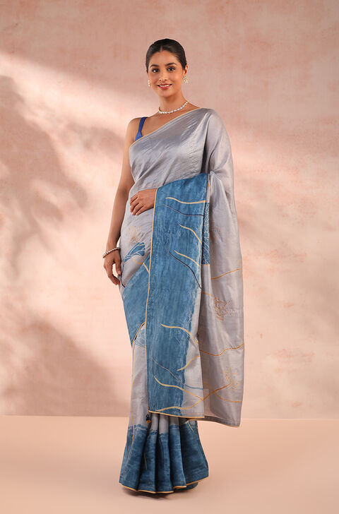 Blue Hand Painted Pure Tussar Silk Saree