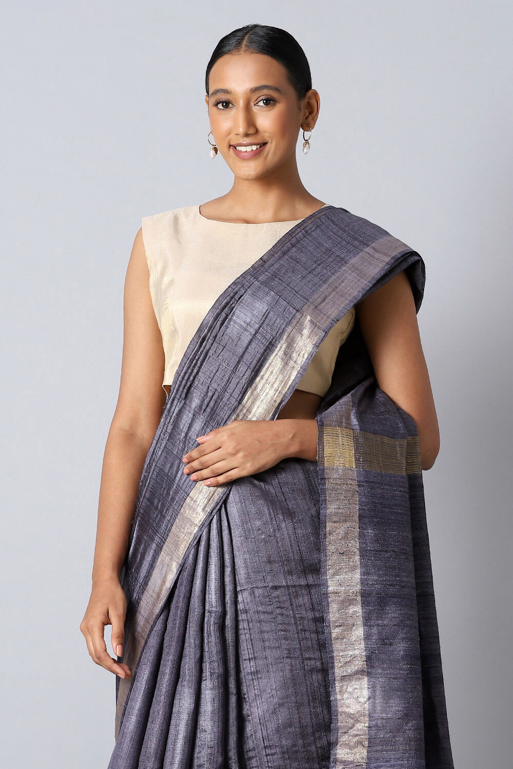 Dark Blue Pure Tussar Silk Bhagalpuri Saree image number null