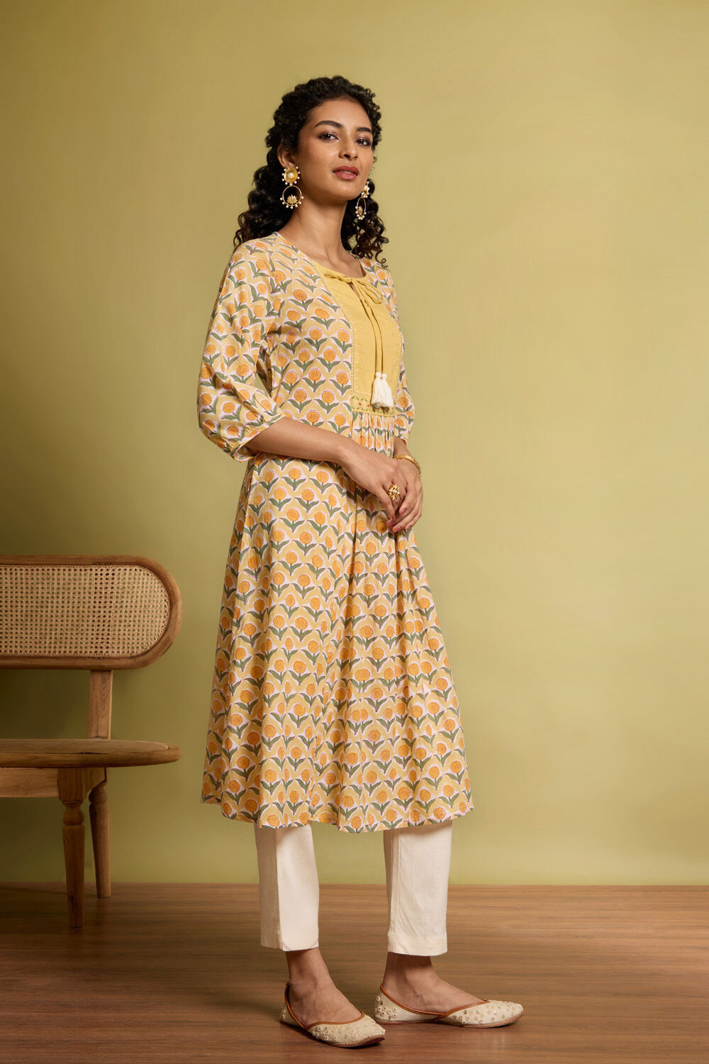 Yellow Pure Cotton Printed Embroidery Kurta image number null