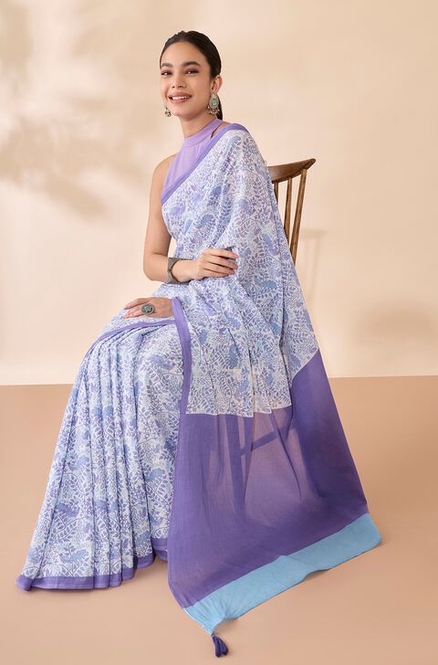 Off White Bengal Screen Printed Pure Cotton Mulmul Saree