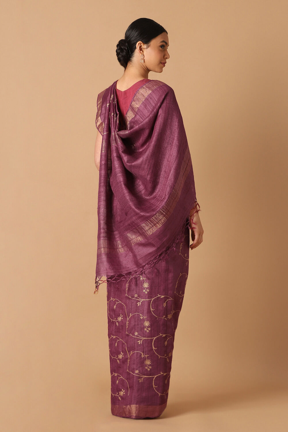 Dark Pure Pink Tussar Embroidered Saree image number null