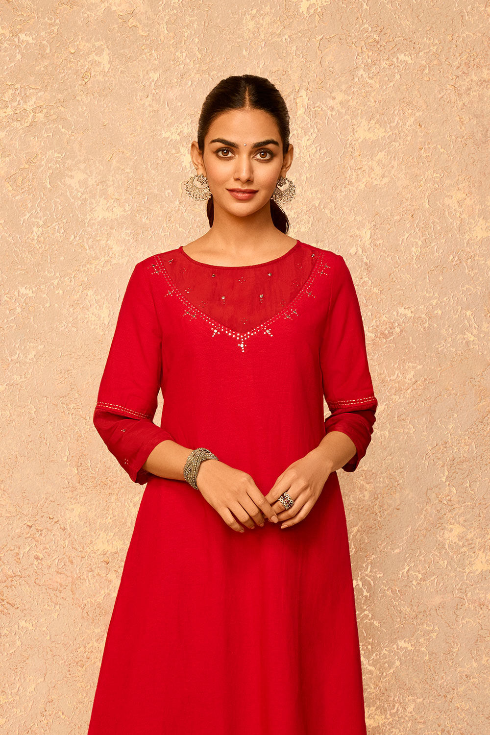 Red Cotton Viscose Mukaish Kurta image number null