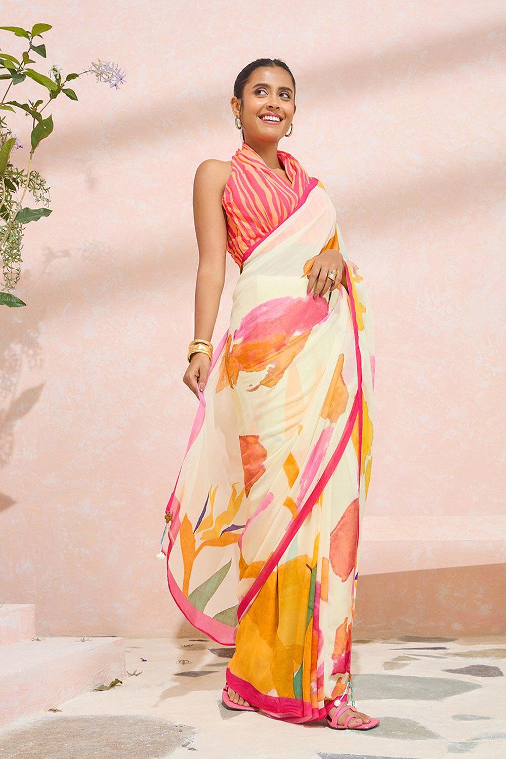Beige Bengal Printed Viscose Georgette Saree image number null