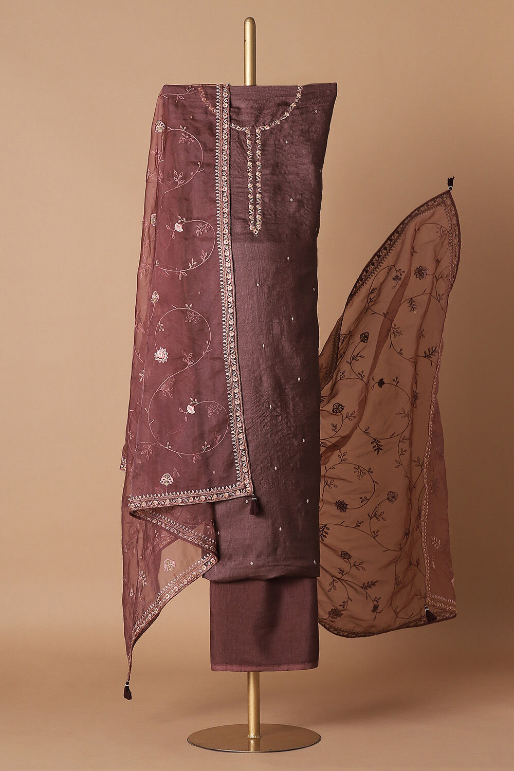 Brown Tussar Embroidered Unstitched Suit Set image number null