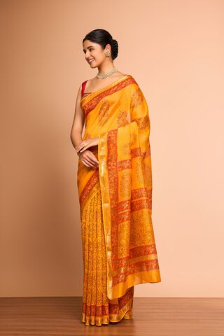 Yellow Rajasthan Pure Silk Cotton Printed Sanganeri Saree thumbnail image number null