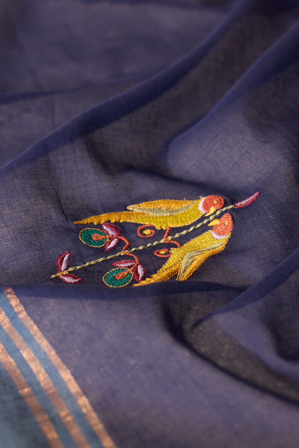Dark Blue Bengal Pure Cotton Embroidery Saree image number null