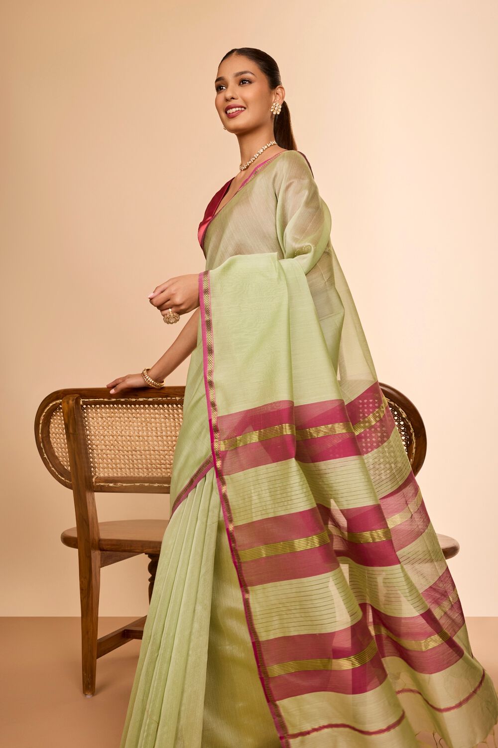 Light Green Woven Pure Silk Cotton Maheshwari Saree image number null