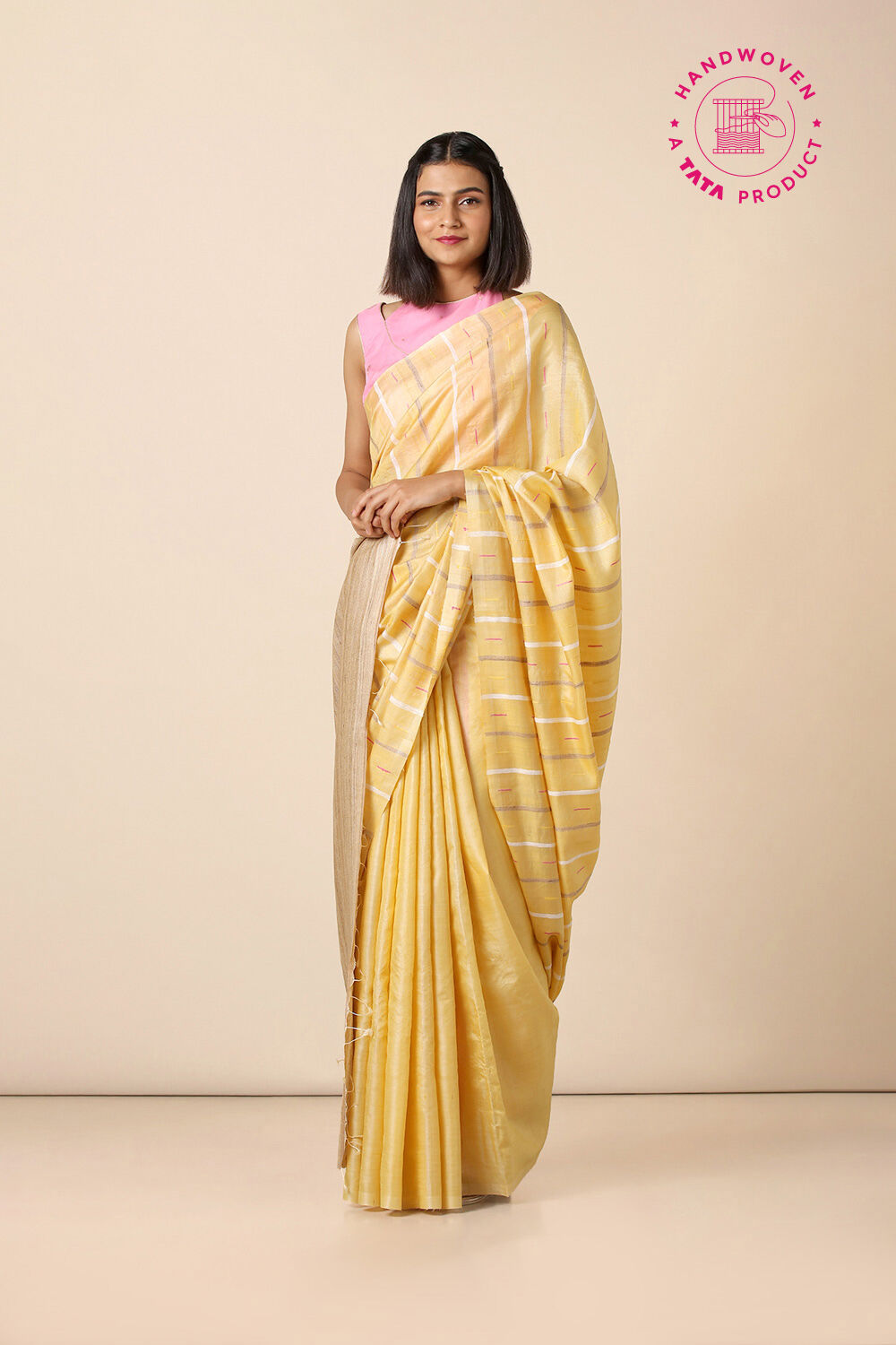 Yellow Pure Tussar Silk Woven Saree image number null