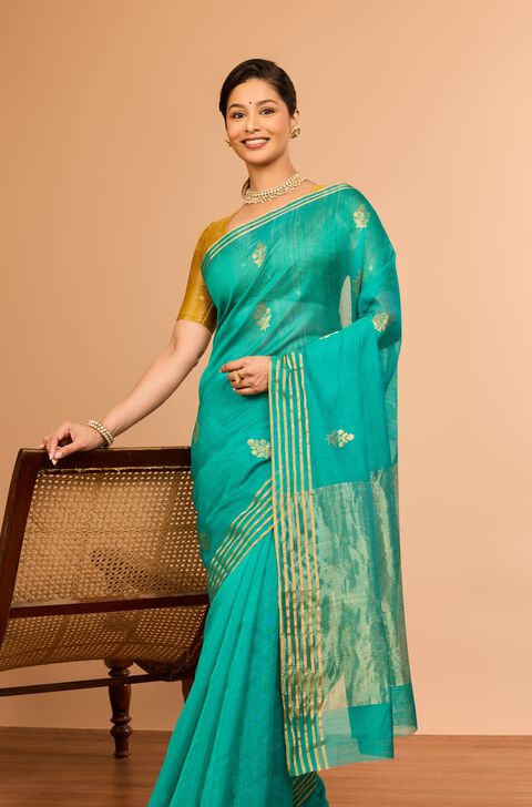 Green Silk Cotton Chanderi Woven Saree