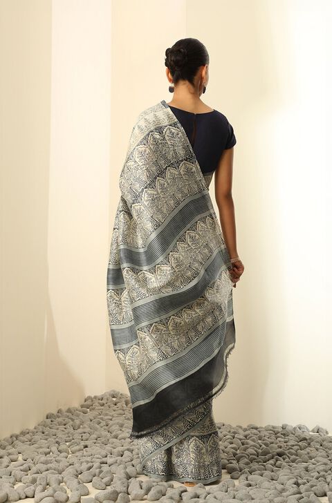 Off White Pure Silk Block Printed Saree