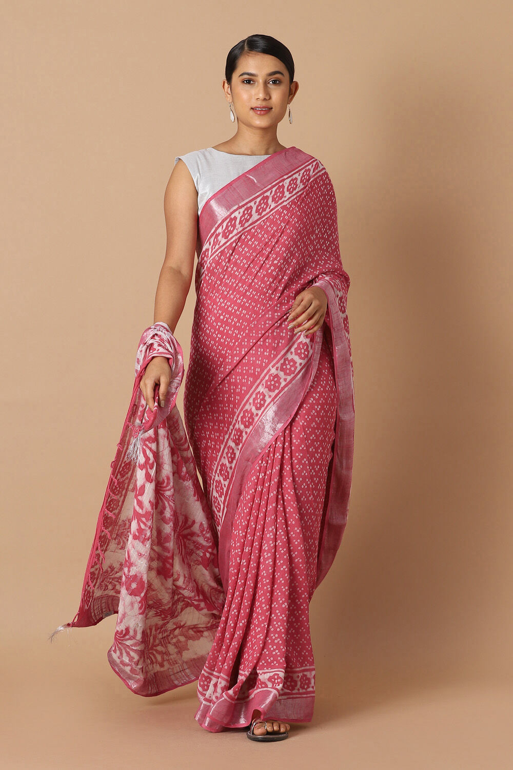 Pink Pure Cotton Linen Bagru Printed Saree image number null