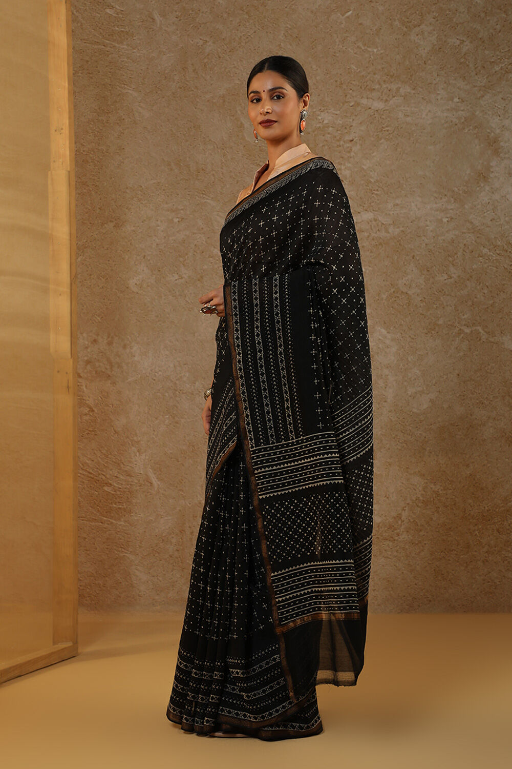Black Block Printed Pure Silk Cotton Chanderi Saree image number null
