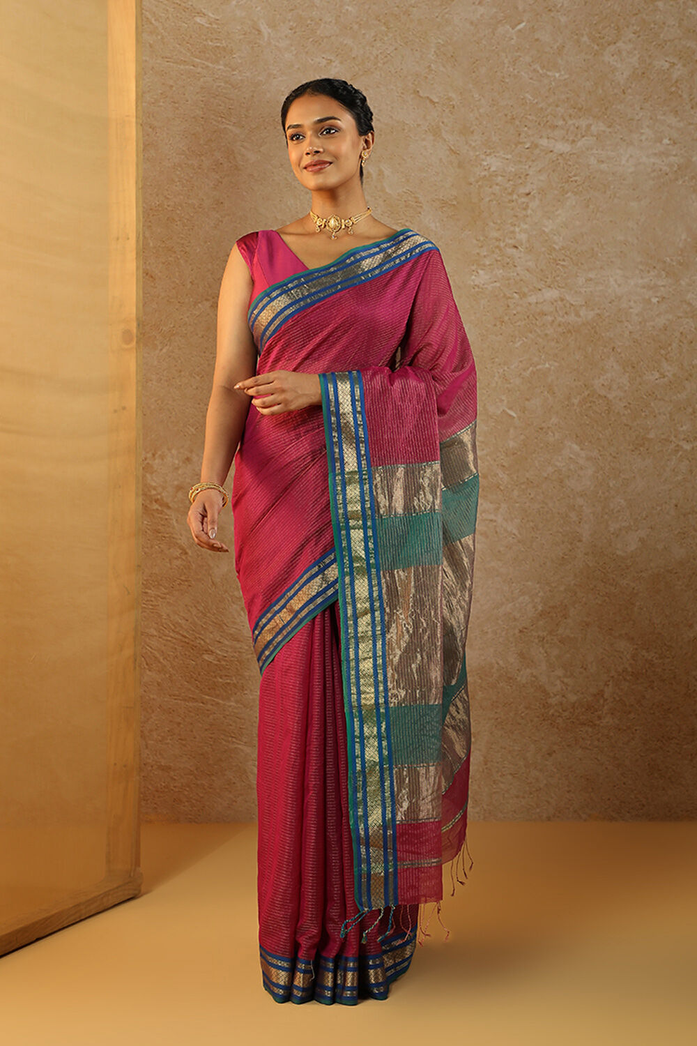 Pink Woven Pure Tissue Cotton Maheshwari Saree image number null