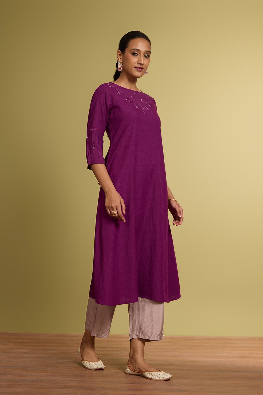Violet Cotton Viscose Mukaish Kurta image number null