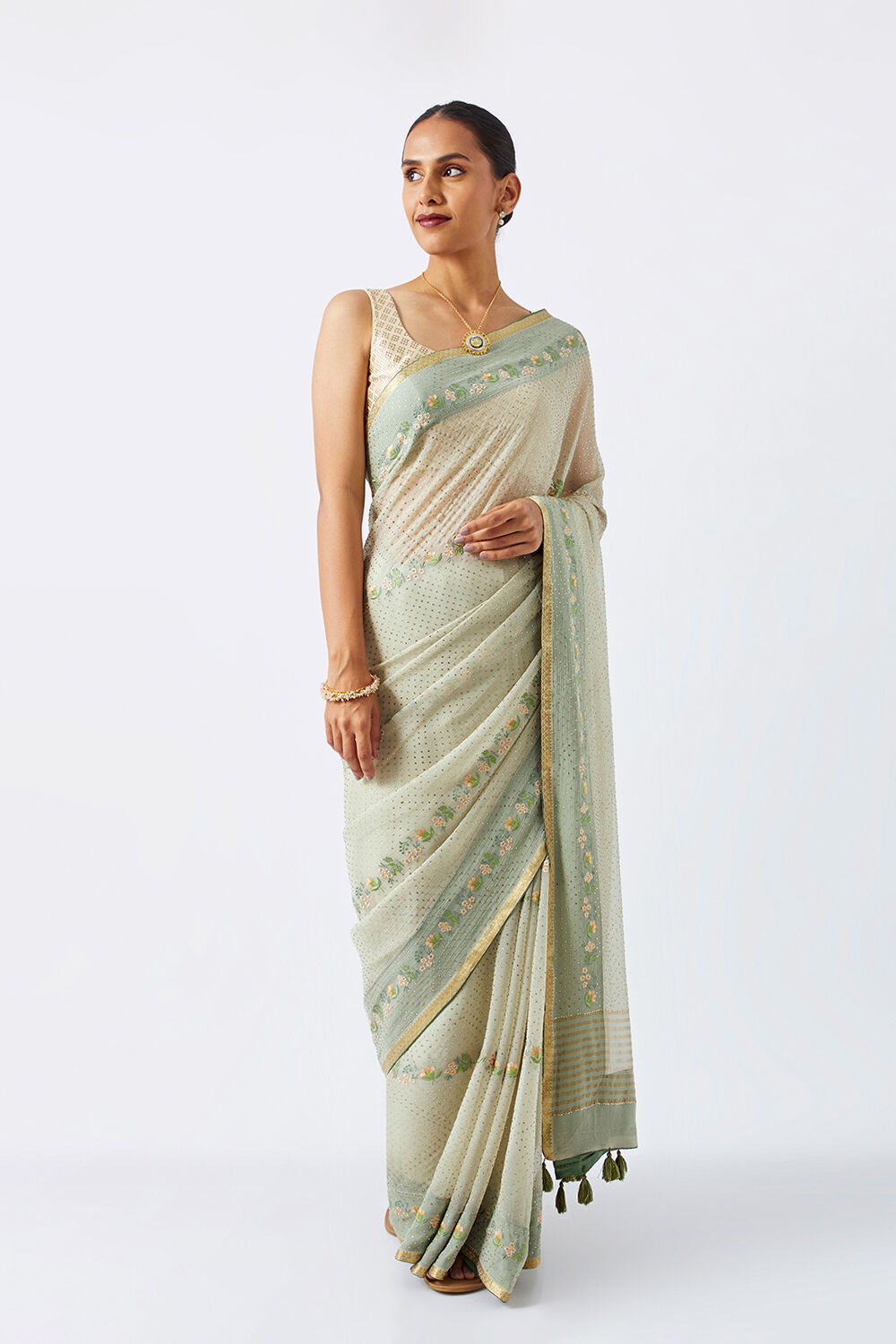 Light Green Pure Chiffon Embroidered Saree image number null