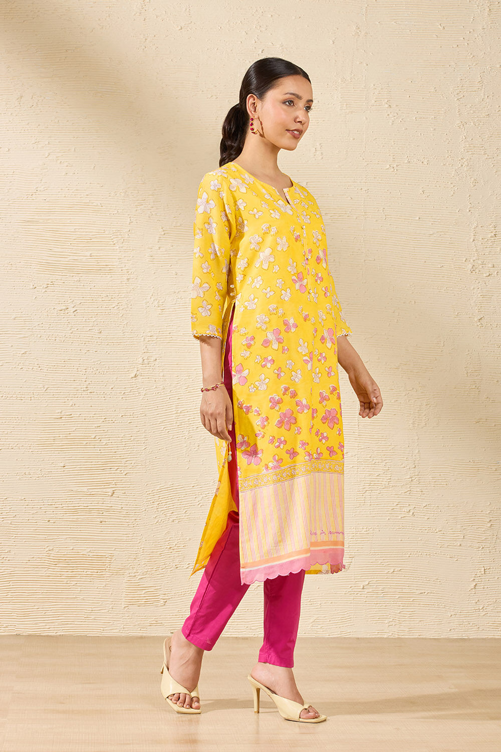Light Yellow Sanganeri Block Printed Pure Silk Cotton Kurta image number null