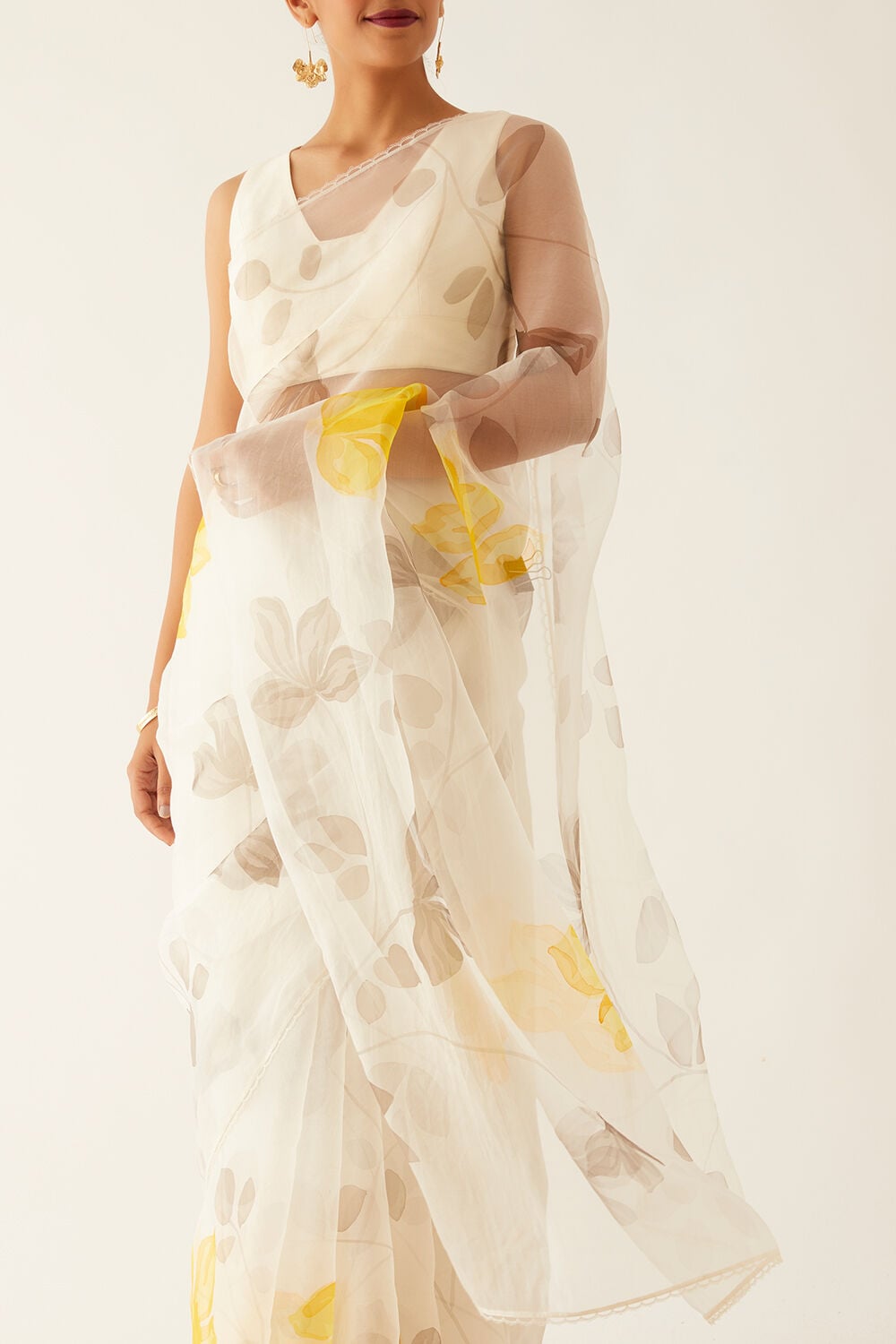 Off White Pure Organza Painted Saree image number null