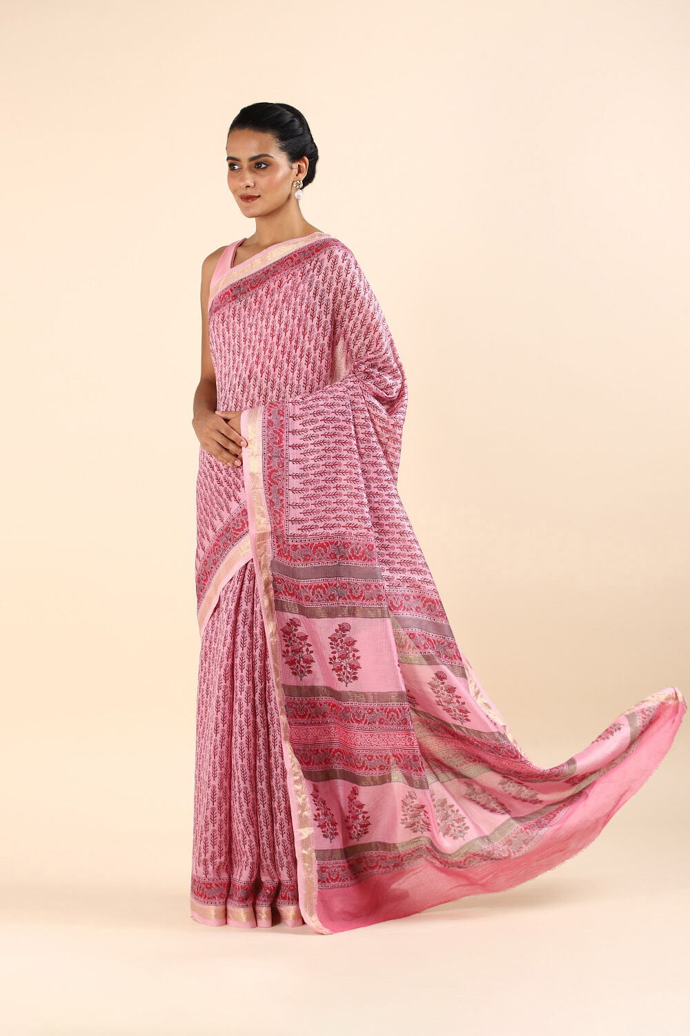 Light Pink Pure Silk Cotton Sanganeri Printed Saree image number null