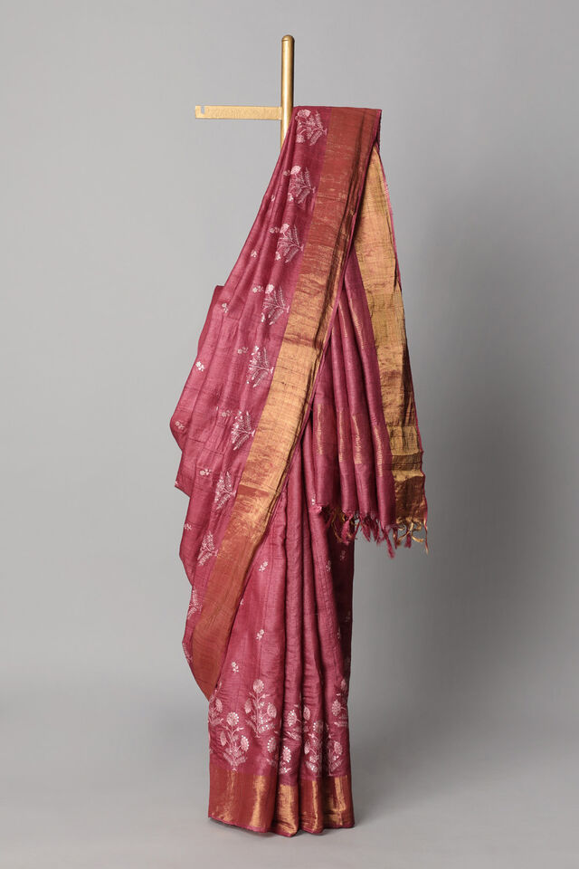 Red Pure Tussar Silk Embroidered Saree