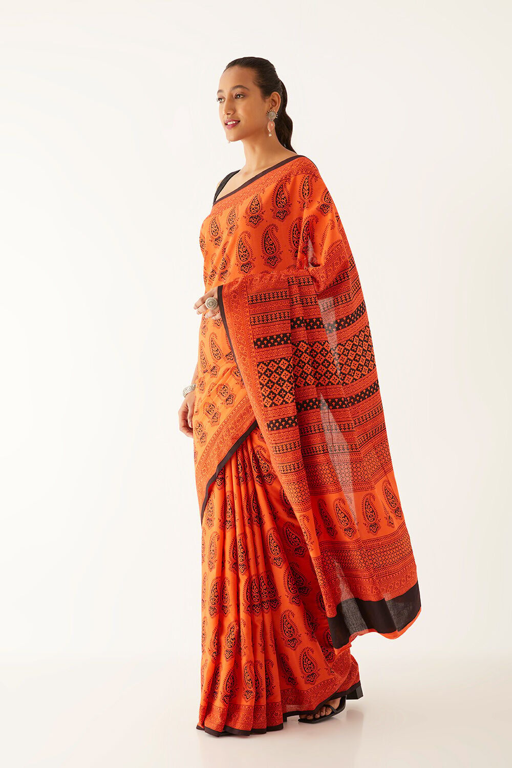 Orange Pure Cotton Bagh Printed Saree image number null