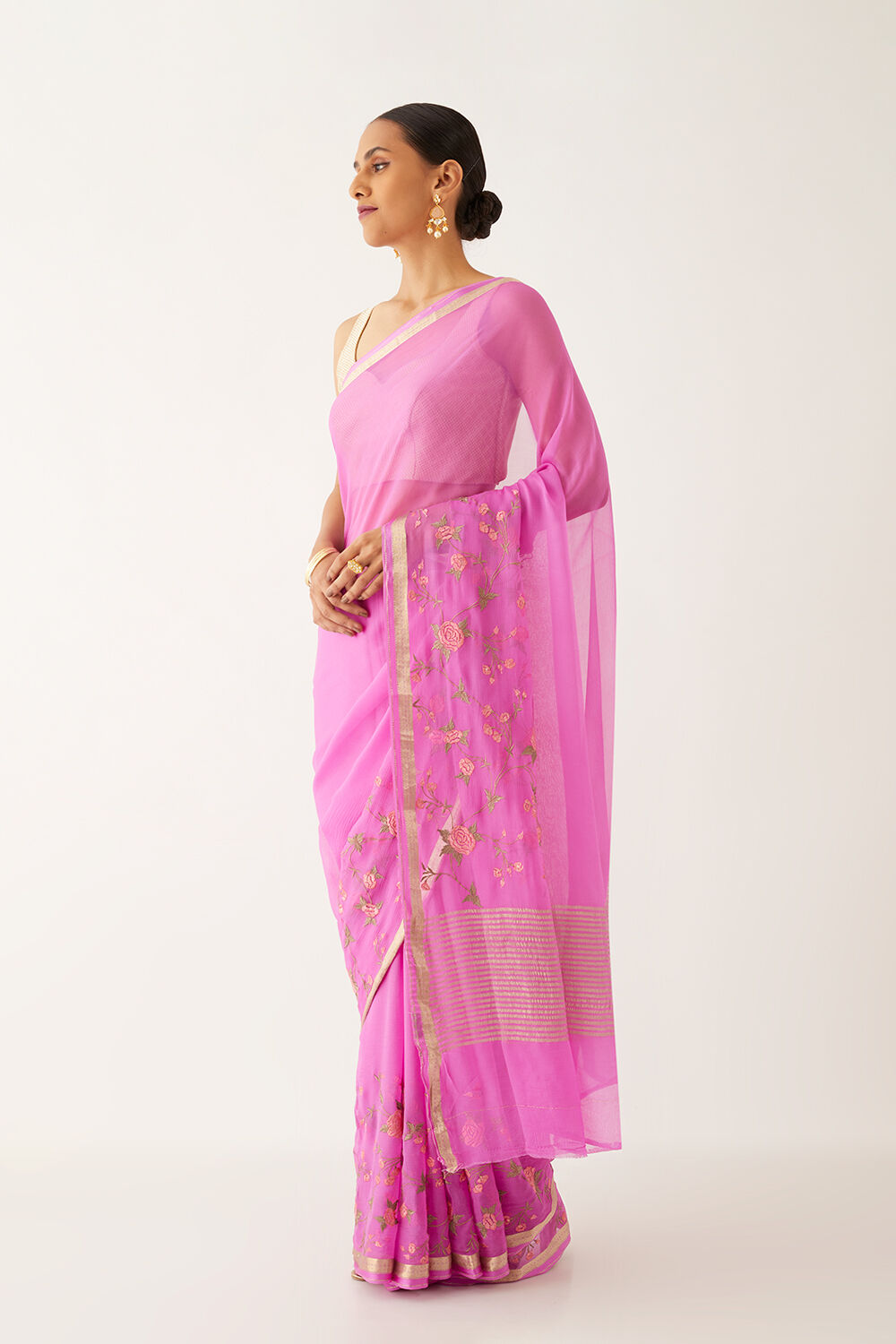 Pink Pure Chiffon Embroidered Saree image number null