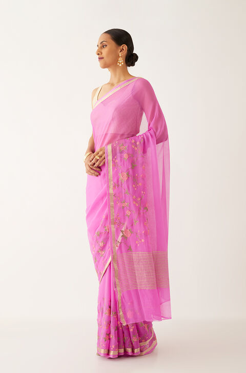 Pink Pure Chiffon Embroidered Saree