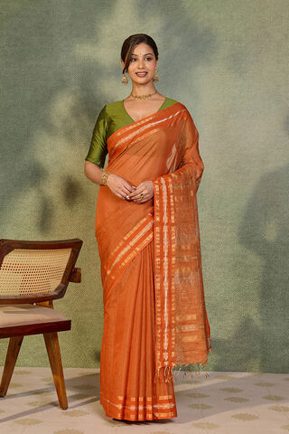 Dark Orange Woven Pure Tissue Cotton Maheshwari Saree thumbnail image number null