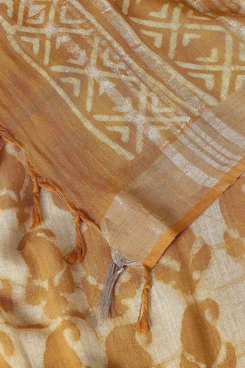 Yellow Pure Cotton Linen Bagru Printed Saree image number null