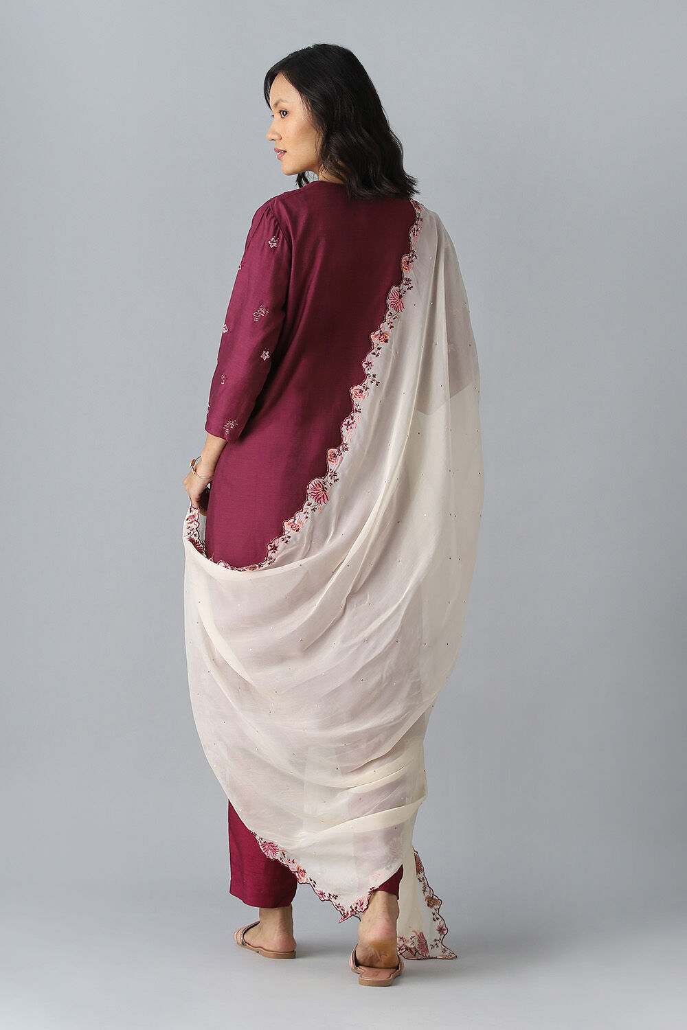Purple Embroidered Silk Cotton Kurta Set image number null