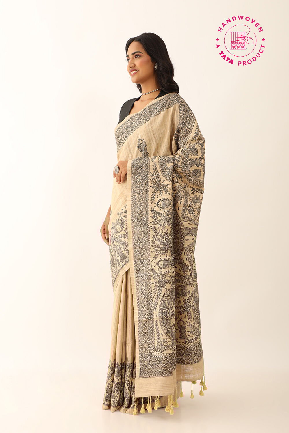 Beige Pure Silk Tussar Hand Painted Madhubani Saree image number null