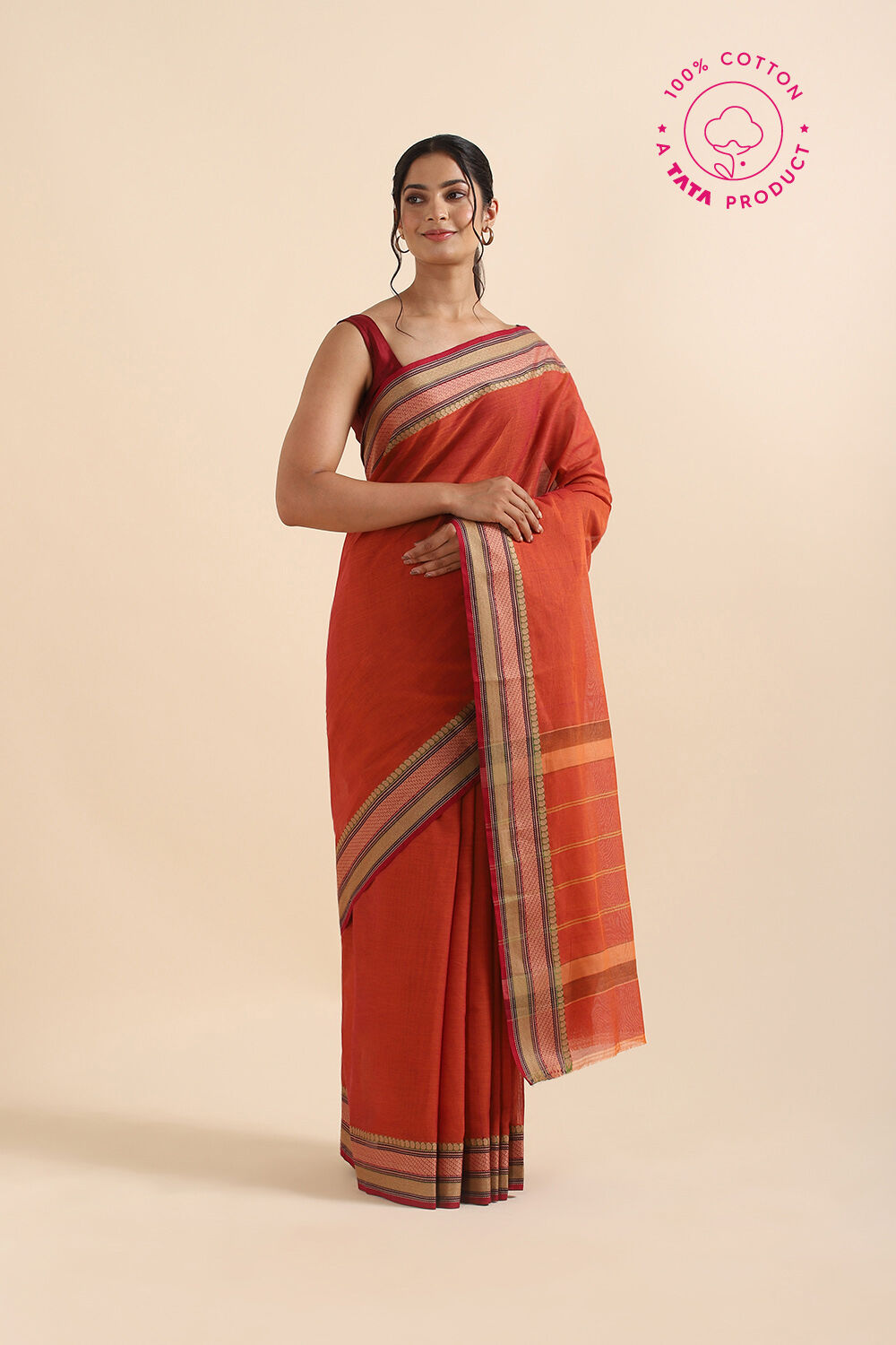 Dark Pure Orange Cotton South Saree image number null