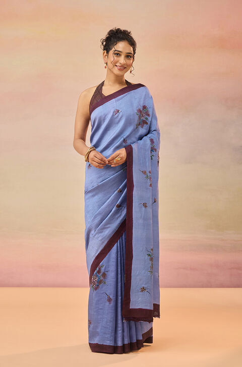 Light Violet Bengal Pure Silk Hand Painted Embroidered Saree