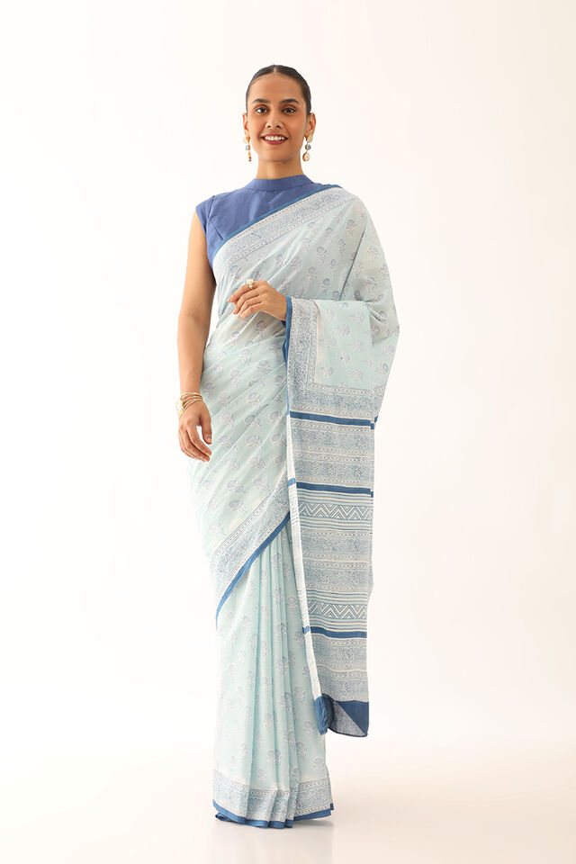 Light Blue Craft Pure Cotton Block Printed Saree
