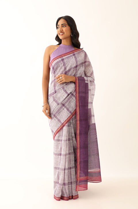 Light Violet Pure Silk Cotton Block Printed Saree