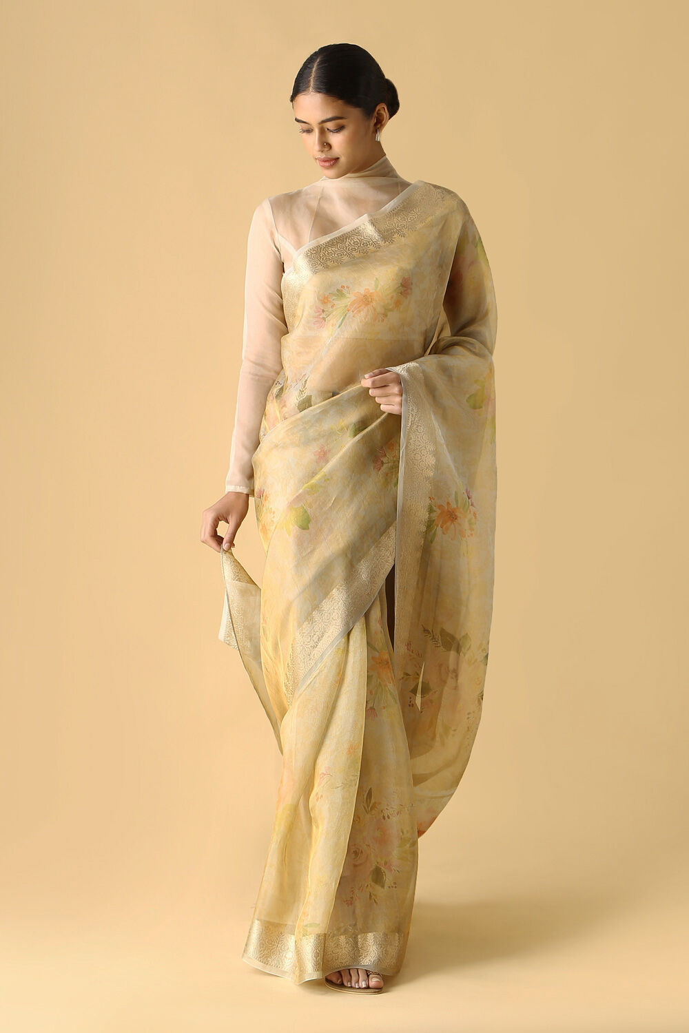 Beige Pure Tissue Silk Digital Printed Saree image number null