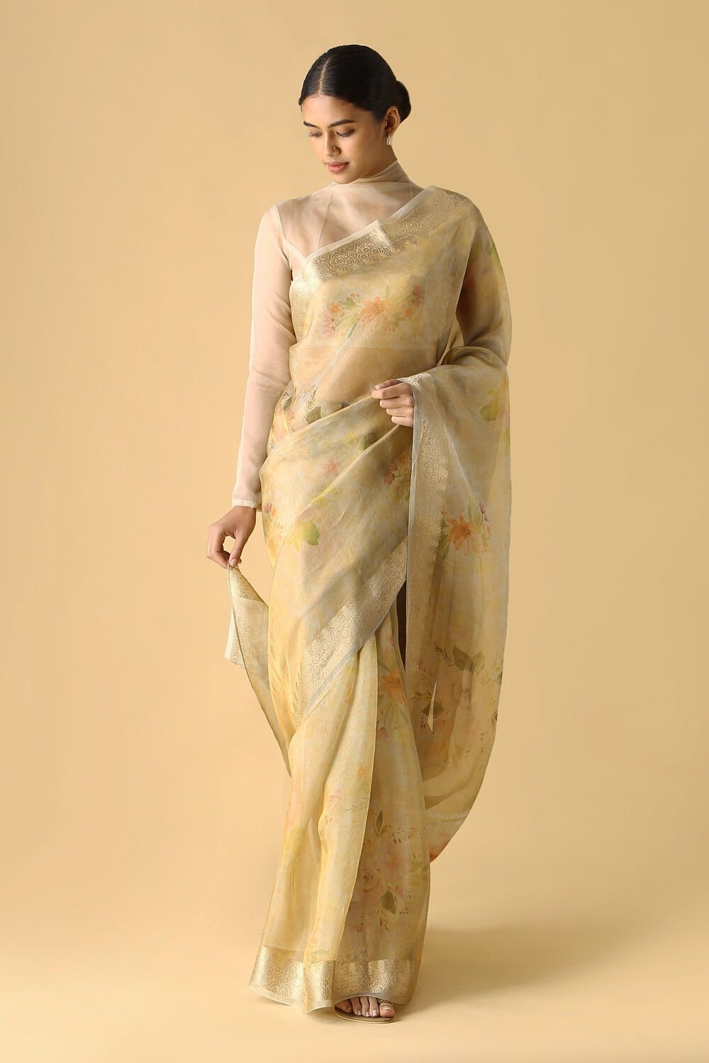 Beige Pure Tissue Silk Digital Printed Saree image number null