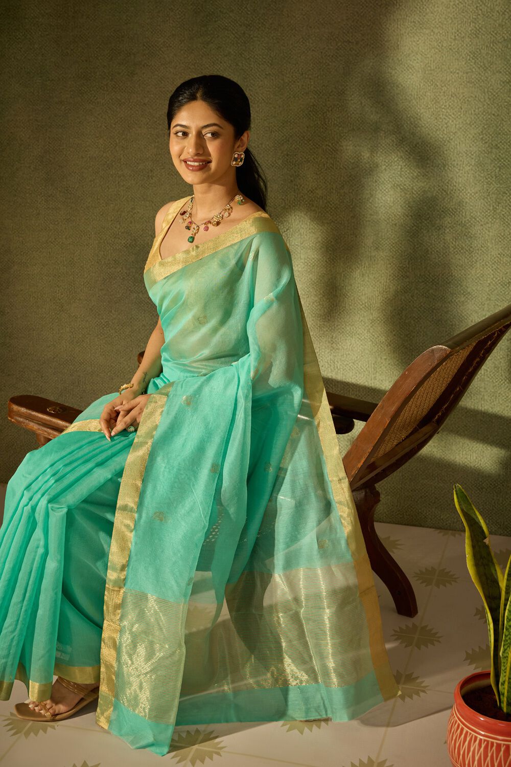 Light Green Woven Pure Silk Cotton Chanderi Saree image number null