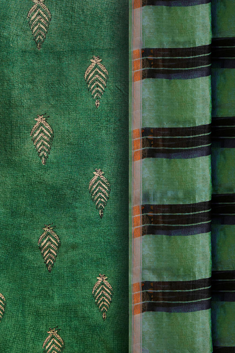 Dark Green Block Printed Pure Tussar Silk Unstitched Suit Set image number null