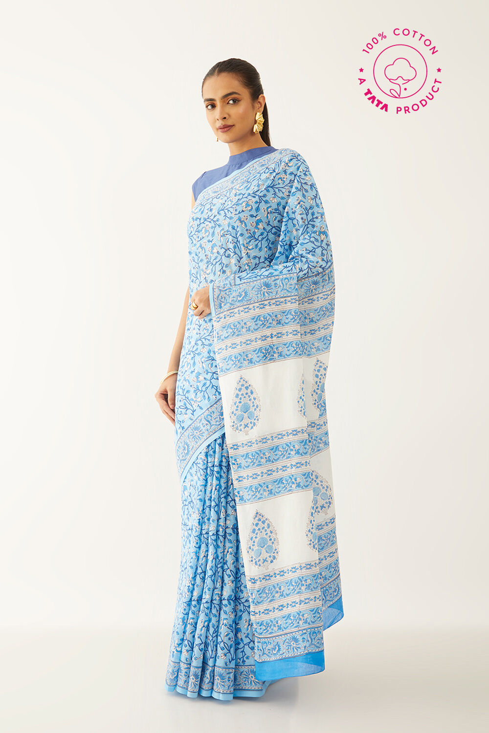 Blue Pure Cotton Block Print Saree image number null