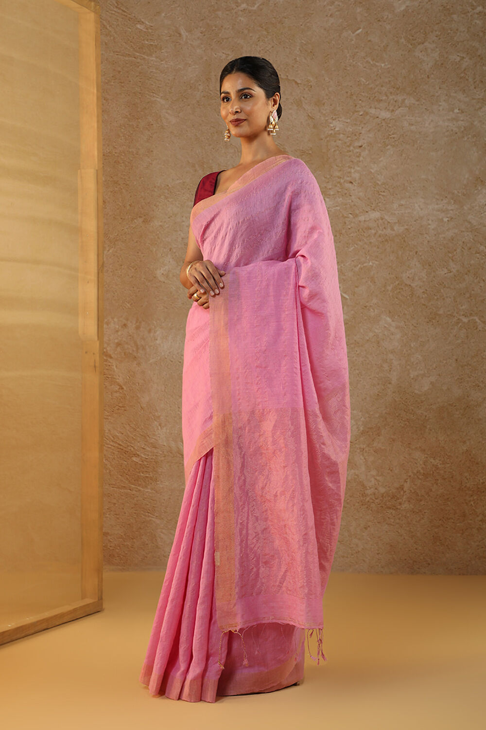 Pink Woven Pure Silk Cotton Bengal Saree image number null