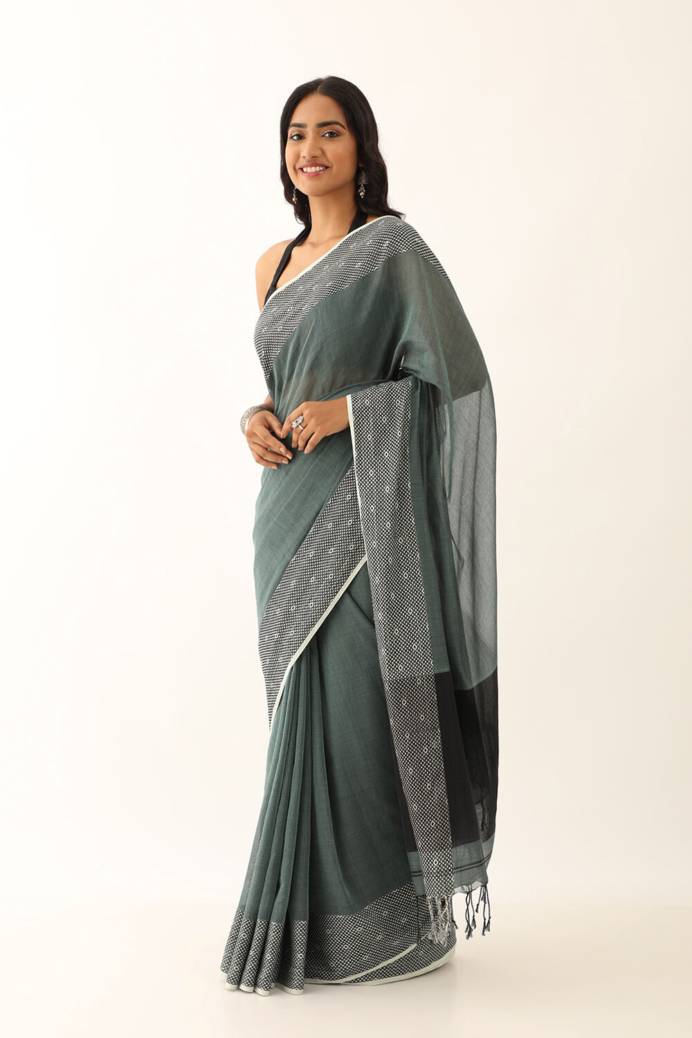 Smoky Green Pure Cotton Woven Bengali Saree image number null