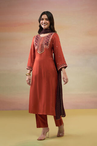 Dark Orange Pure Viscose Embroidered Kurta Set thumbnail image number null