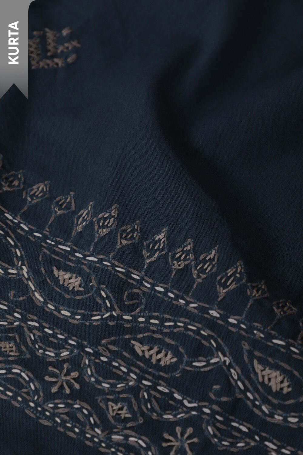 Dark Blue Pure Cotton Kantha Embroidered Unstitched Suit Set image number null